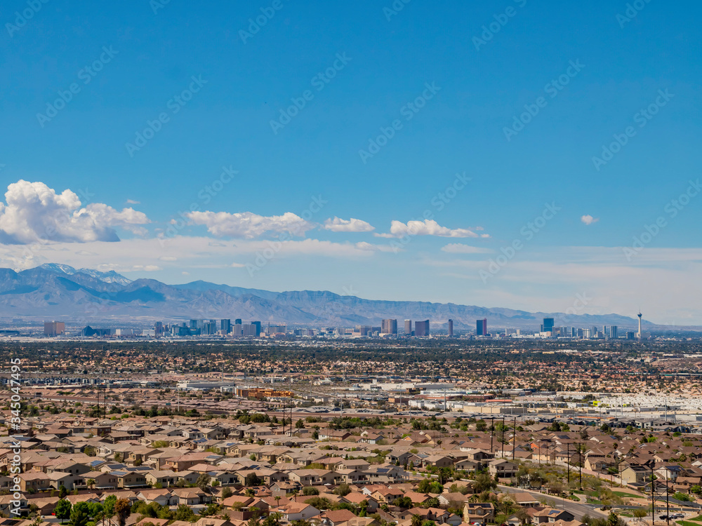 High angle view of the Las Vegas strip skyline and cityscape
