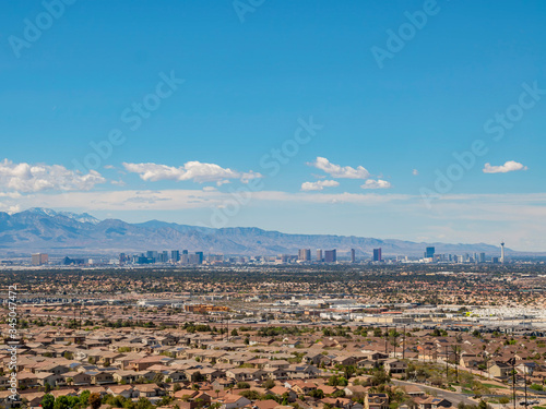 High angle view of the Las Vegas strip skyline and cityscape