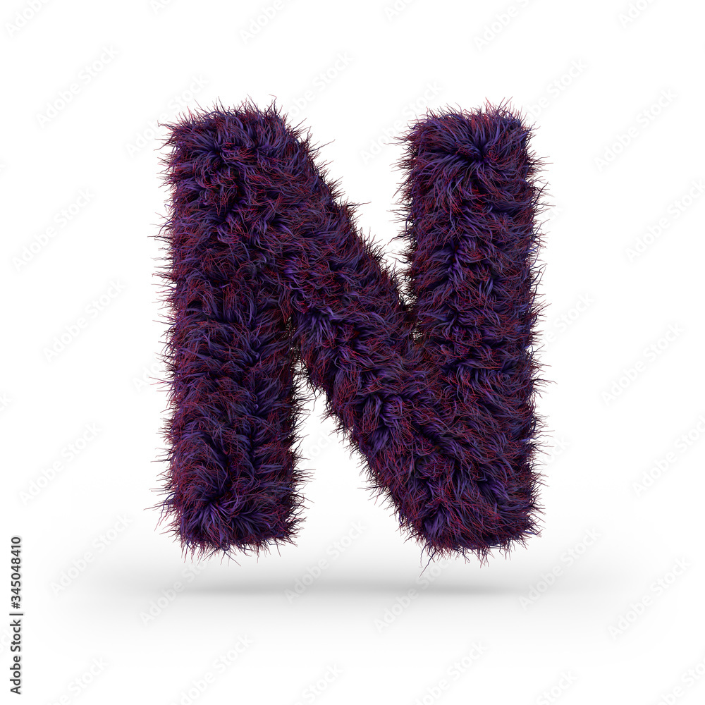 Capital letter N. Uppercase. Purple fluffy and furry font. 3D Capital letter N. Uppercase. Purple fluffy and furry font. 3D