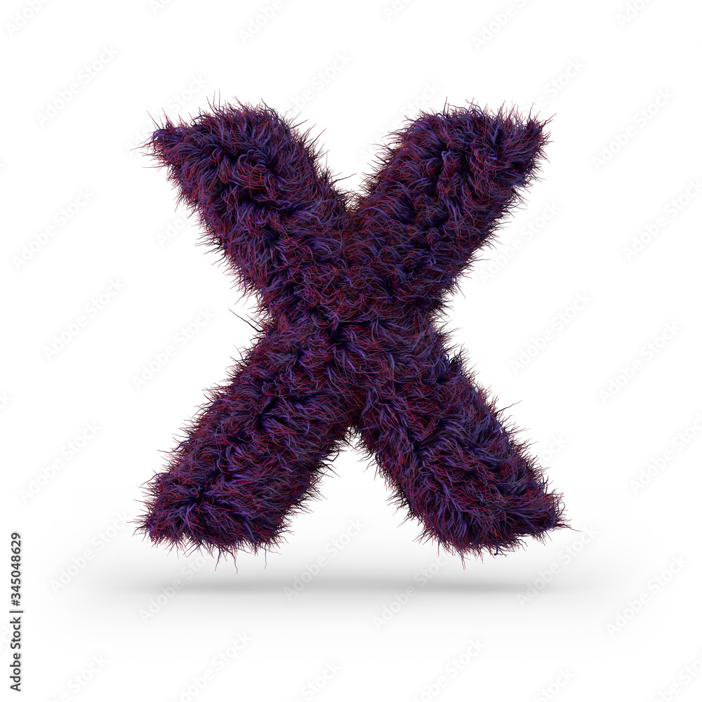 Capital letter X. Uppercase. Purple fluffy and furry font. 3D Capital letter X. Uppercase. Purple fluffy and furry font. 3D