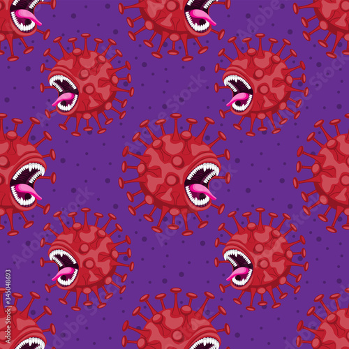 seamless red virus cartoon pattern on purple background. Vector image