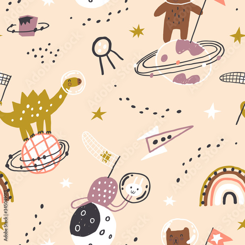 Cute animals catches the stars in the cosmos. Vector texture in childish style great for fabric and textile, wallpapers, backgrounds.