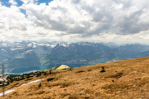 Panoramic view from the slope of Schafberg to the Austrian Alps.