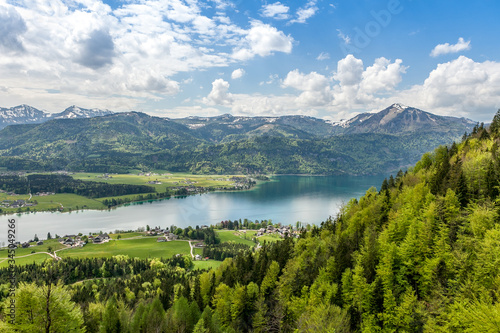 Panoramic view of Lake St. Wolfgang and the Alps in Austria. © Photoillustrator