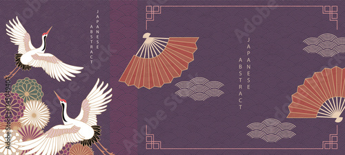 Oriental Japanese style abstract pattern background design daisy flower folding fan and bird crane