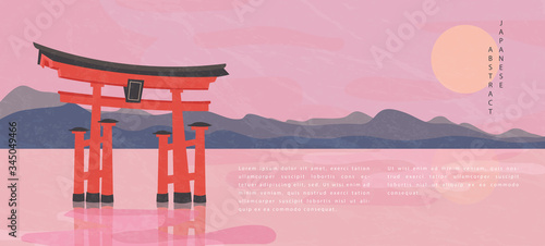 Oriental Japanese style abstract pattern background design travel nature landscape view of mountain lake and traditional Japanese gate Torii