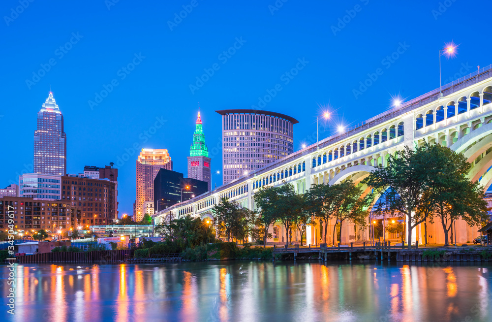 cleveland skyline with reflection at night,cleveland,ohio,usa. cleveland skyline with reflection at night,cleveland,ohio,usa.