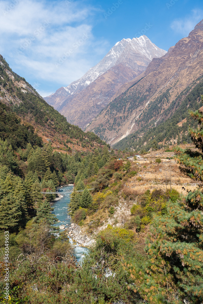 Namrung village in Manaslu circuit trekking route in Himalaya mountains range, Nepal