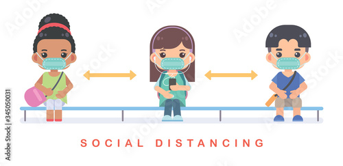 Social distancing concept. The cute people wear the protective masks, sitting on bench and keeping distance to protect from COVID-19 Coronavirus. Vector flat design illustration.