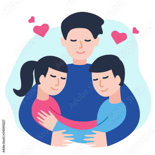 Father, son and daughter cuddling. Loving family hugging vector.