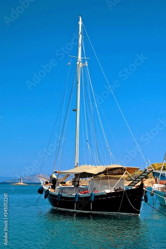 Boats in the old harbour of Spetses island, Saronic gulf, Greece, September 24 2015.