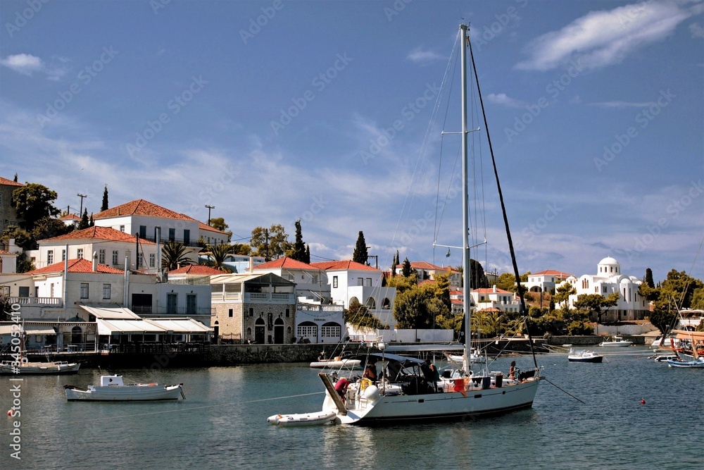 View of the old harbour in Spetses island, Saronic gulf, Greece, September 24 2015.