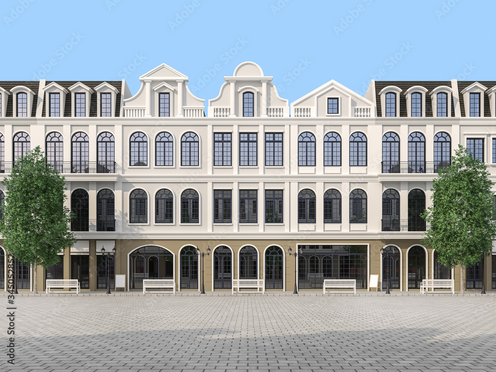 Large empty plaza with classical style building background 3d render.