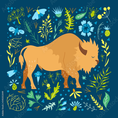 Bison surrounded by herbs, leaves and flowers. Colorful poster with a buffalo in the meadow. Vector illustration in flat style. Hand-drawn north American bison. Children's cartoon illustration