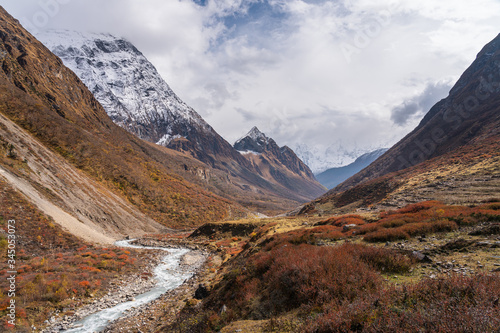 Snow mountains landscape in Manaslu circuit trekking route in Himalaya mountains range, Nepal