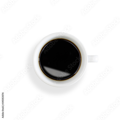 Top view of black coffee in a white ceramic cup isolated on white background with clipping paths.