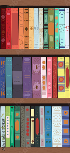 Wooden bookcase full of different books. Isolated on white background. Education and study concept. Vector illustration.