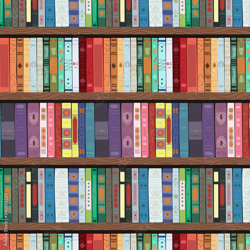Wooden bookcase full of different books. Seamless pattern. Education library and bookstore concept. Vector illustration. photo
