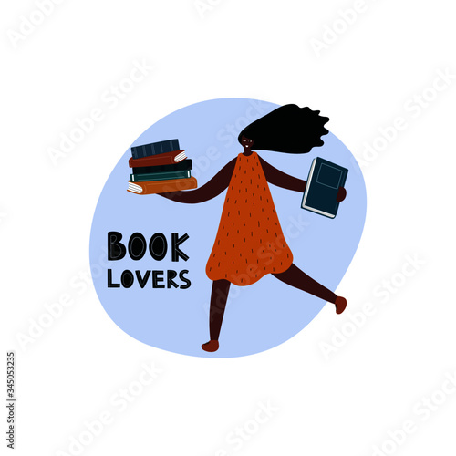 Girl holding the books with lettering Book lovers. Modern illustration of book lover, reader, literature fan isolated on white background. Flat vector design