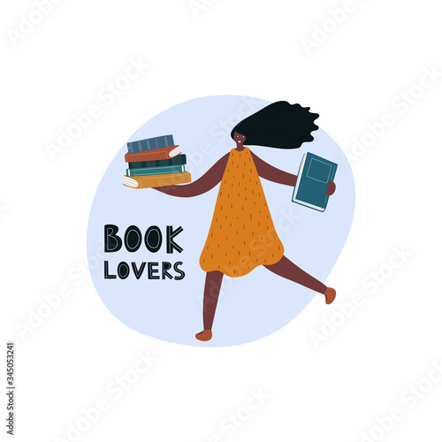 Girl holding the books with lettering Book lovers. Modern illustration of book lover, reader, literature fan isolated on white background. Flat vector design