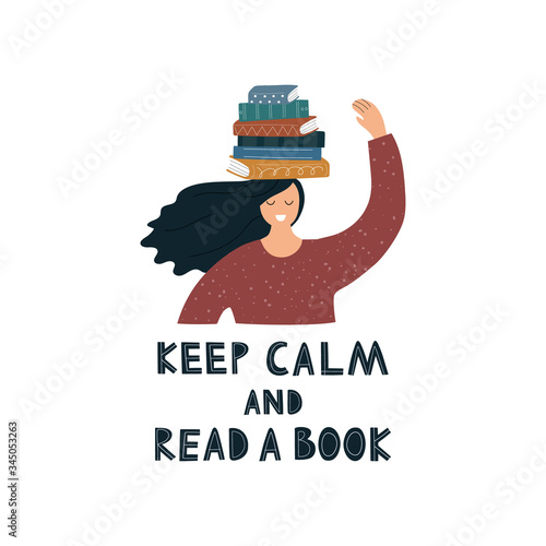 Girl reading or student studying and preparing for examination. Modern illustration of book lover, reader, literature fan isolated on white background. Womаn holding books on her head. Vector