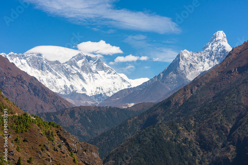 Beautiful landscape of Himalayas mountain including Everest, Lhotse, Ama Dablam peak, Everest region in Nepal