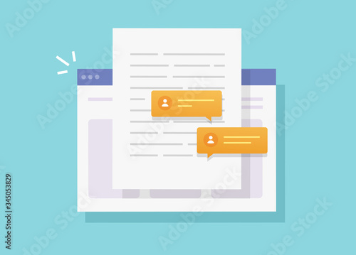 Writing and collaborate chatting content paper document online on website or creating electronic text web letter with sharing discussion vector flat cartoon illustration, doc editing modern image