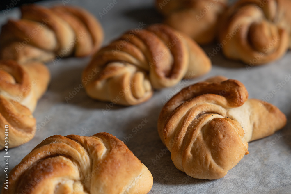 desserts, homemade croissants just pulled out of the oven still on parchment paper desserts, homemade croissants just pulled out of the oven still on parchment paper