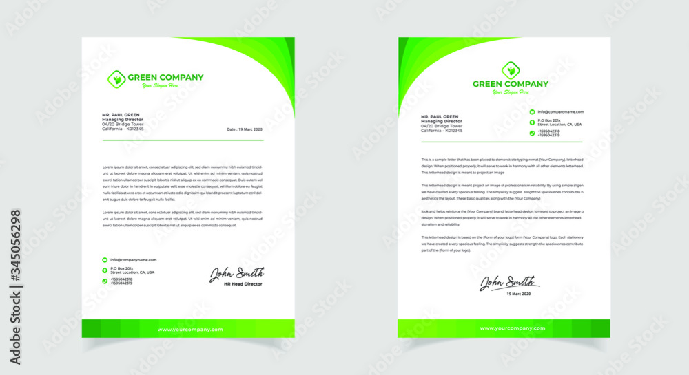 Green Nature Letterhead Design for company or cooporate. Modern Business Letterhead Design Template