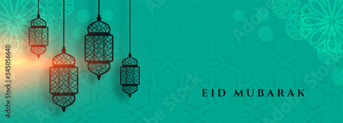 eid mubarak banner with islamic lantern decoration