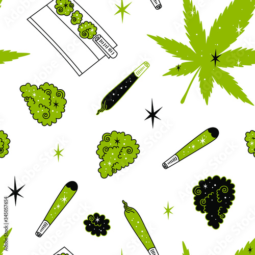 Weed background. Marijuana seamless vector pattern. Drug consumption, cannabis and smoking drugs. Fun doodle illustration of smoking equipment.