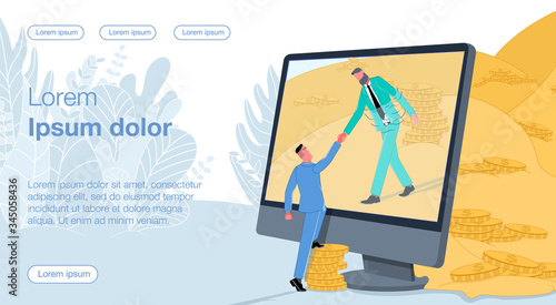 A businessman comes out of a monitor full of coins, pulls the hand of a man. Helps a person make money. Business vector concept illustration.