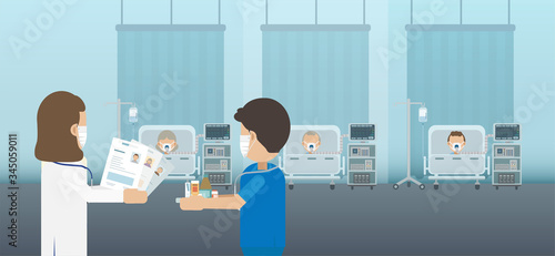 Medical staffs with group of critical patients flat design vector illustration