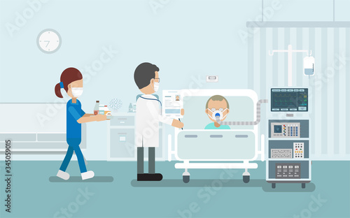 Medical service concept with patient and ventilator flat design vector illustration