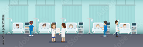 Medical staffs with group of critical patients flat design vector illustration