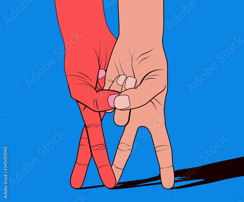 Men and woman hands in dance. Man and woman relationships or flirt or dating or dancing concept. Vector illustration.