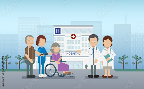 Elder care concept with medical staffs take care of elder patient vector illustration