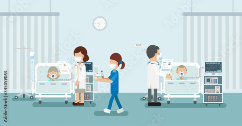 Doctor with group of critical patients and ventilators flat design vector illustration