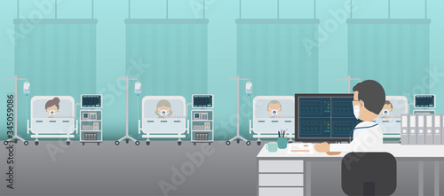 Doctor with group of critical patients and ventilators flat design vector illustration