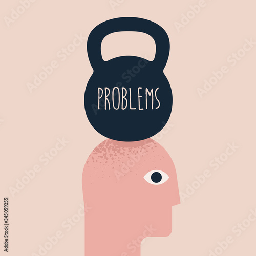 Problems, under pressure, head pain concept illustration with humans head silhouette and weight above with problems caption. Mental health caption. Vector illustration