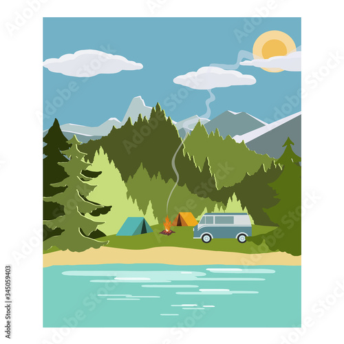 Camp on sunny summer day. Trip to the mountains. Vector illustration in flat style.