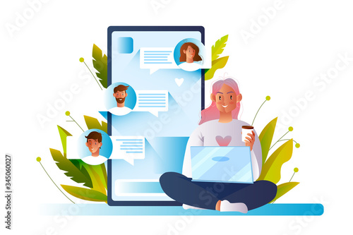 Group chat concept with female and male characters, smartphone screen. Young cheerful girl sitting with laptop in lotus position. Online communication and internet teamwork banner in flat style