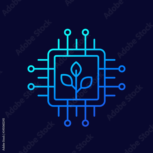 green technology line icon with microchip