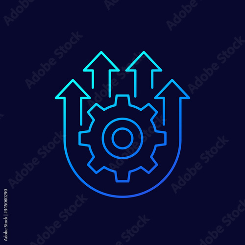 Integration, optimization line icon with gear and arrows, vector
