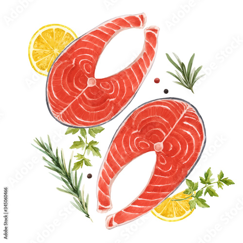 Beautiful vector stock illustration with watercolor tasty red salmon fish steak. healthy food.