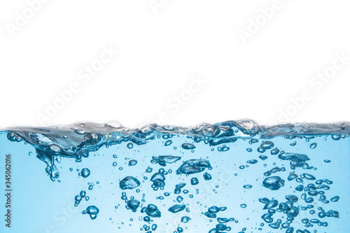 Clean light blue water wave and bubbles air isolated on white background