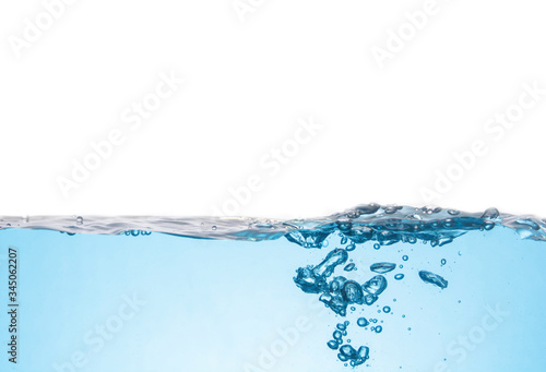 Clean light blue water wave and bubbles air isolated on white background