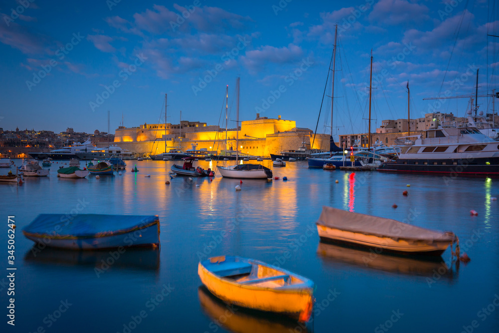 Beautiful marina of Birgu town on Malta at dusk