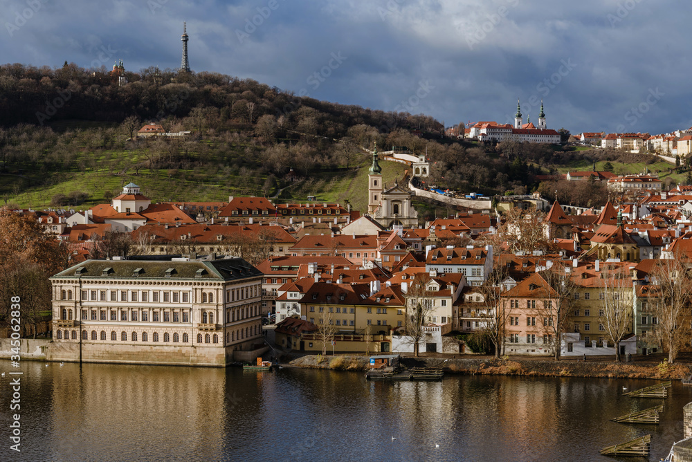 Prague Houses and Hills View from Riverbank