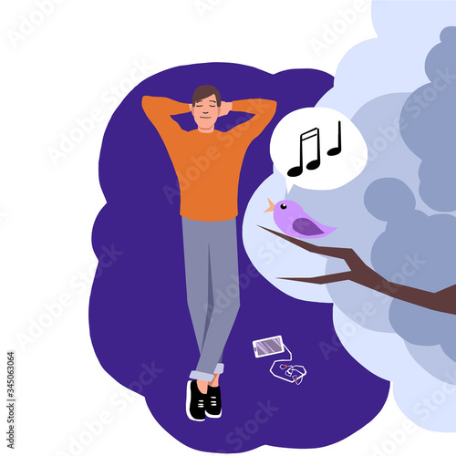 Digital detox concept. Top view of an young happy man lying on the grass and listening to a bird singing in a park. The smartphone is turned off and lying at a distance. Vector illustration.